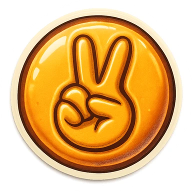 retro sticker style icon of a dalgona candy with a playful and bold peace sign pressed in the center sticker