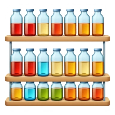 "Each product is stocked in multiple units placed directly behind one another on the same shelf, forming deep horizontal lines of identical items, while different product types are arranged vertically in separate columns." sticker