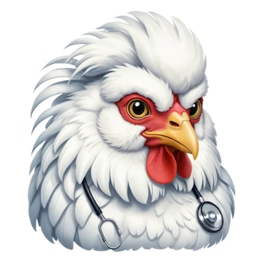 A very fluffy White Silkie Bantam rooster wearing a doctor's stethoscope. The head feathers look like a large wig. sticker