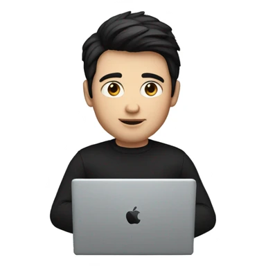     memoji of a man with a laptop in front, apple-style,modern,dark hair,black sweater,computer in hand,white skin, an avatar image gonna be round  sticker