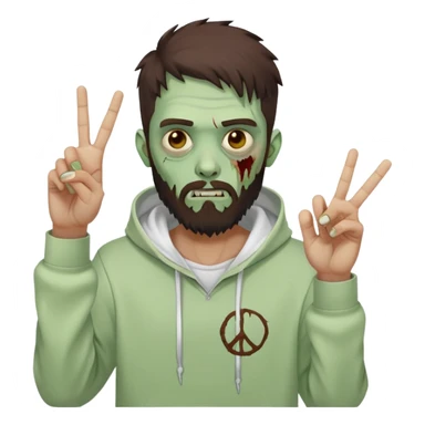 zombie making peace sign, undercut hairstyle with dark brown hair, short full beard, wearing plain white hoodie sticker