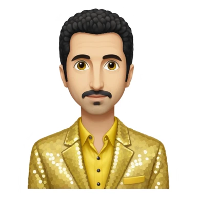 Serj Tankian with ivory sequin jacket, yellow shirt sticker
