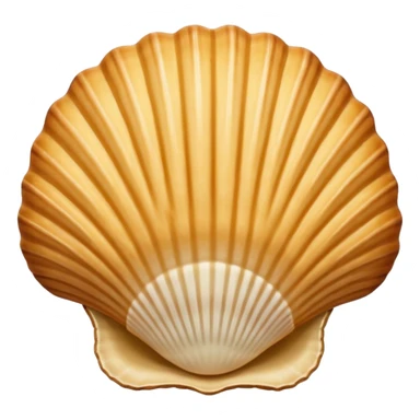 A madeleine pastry. Oval seashell shape with ONLY four to five vertical lines going in the same direction. Light golden brown. Scalloped edge. Cookie. Flat. Long. Oval shape. Lets scallops. Only four or five scalloped lines. Oblong shape. More length. Less roundness. More vertical length sticker
