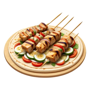 cinematic-realistic-souvlaki-dish-emoji,-showcasing-skewered,-grilled-chicken-with-mediterranean-spices-rendered-with-dynamic-textures-and-warm,-appetizing-lighting on pita bread sticker
