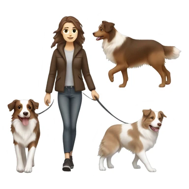 white girl with brown hair walking brown beige and white australian shepherd dog sticker