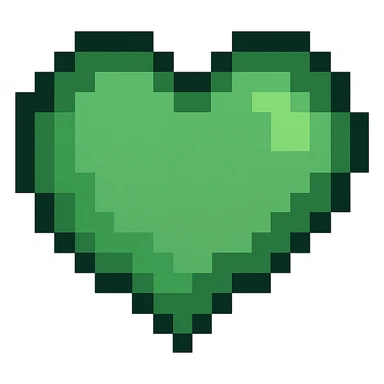Create a pixel art heart in green color with no background. The style should resemble pixel art. sticker