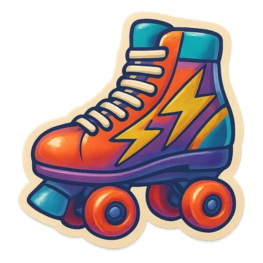 a roller skate with lightning bolts, retro sticker style sticker