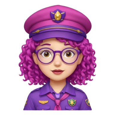 scout girl with very pink scout uniform including hat, purple curly haired and glassess sticker