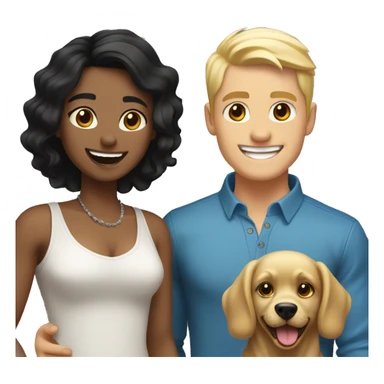 Gay couple, 1 Latino black hair and 1 Australian blonde hair with a dog in the middle laughing full body sticker