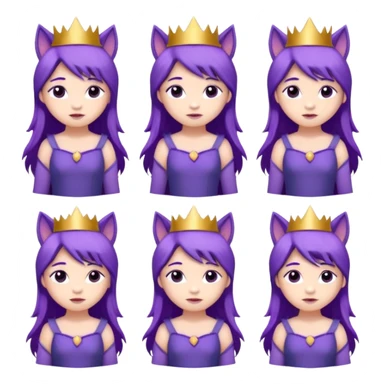 A collection of twelve chibi-style illustrations of a cute princess wearing a purple dress and crown with purple hair and purple wolf ears and purple wolf tail character. Each square shows the character expressing a different emotion against a white background And make a gap between each illusion sticker