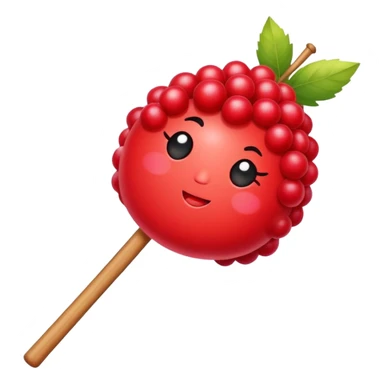 Sugar coated Chinese haws fruits crispy red snack, simplified emoji style with bold outlines and bright colors, cartoon style bingtang hulu on stick sticker