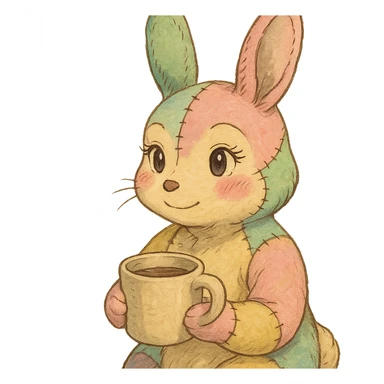 stitched-up rainbow-colored cartoon bunny with feminine features holding a coffee mug in ghibli-inspired style sticker