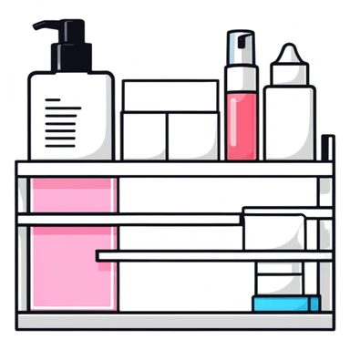 big long white shelf with one serum bottle labeled beauty brand and big sticky note next to it sticker