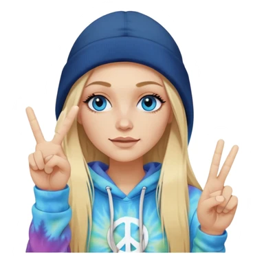 White woman with long blonde straight hair and blue eyes with long eyelashes and tiedye hoodie. i would like for her to be doing a peace sign with one hand. i want her to be wearing a black beanie. sticker