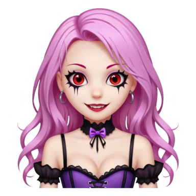 pretty scary girl, long straight LIGHT pink HAIR,SCARY RED eyes, black eyeliner, pale skin, purple corset clothes with laces, AND WITH A GRIN SMILE  sticker
