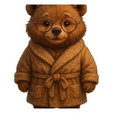 A cute anthropomorphic bear wearing round glasses and a cozy bathrobe, full front view, detailed, semi-realistic style, warm atmosphere. sticker