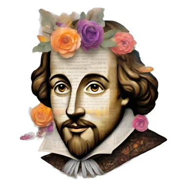 Shakespeare made of newspaper cuttings wearing flowers, stained glass, fairy lights, bokeh, annotated sketch, handwritten letters, collage of intricate patterns, lantern, bokeh, blur sticker