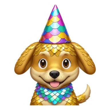 dog covered in shiny scales, wearing a party hat, emoji style sticker