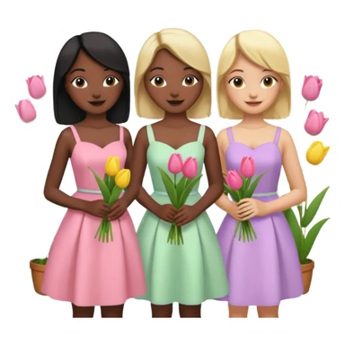 5 girls at a garden party wearing pastel dresses and holding tulips, one is black one is blond, one is asian, one is latina sticker