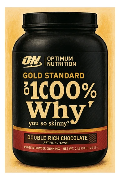 Style this image of protein jar in the GPT style. Change the inscription “WHEY” to ‘Why’ and add “you so skinny?” in a smaller font. sticker