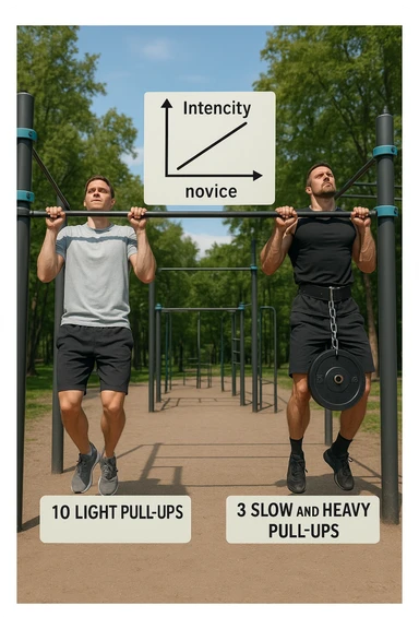 Due atleti fianco a fianco in un parco attrezzato: a sinistra il neofita che fa 10 trazioni leggere con concentrazione, a destra l’atleta avanzato con cintura zavorrata che fa 3 ripetizioni lente e pesanti. Tra loro, grafico sospeso in aria che mostra: 'Volume → neofita | Intensità → avanzato'. Stile realistico con elementi educativi visivi sticker
