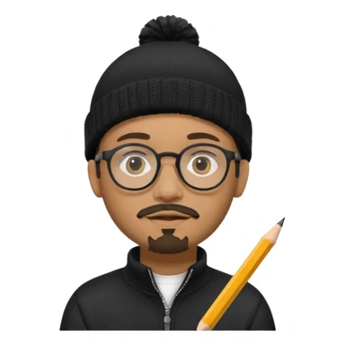 A creative young man with a pencil, glasses and a beanie. He holds a pen in his hand. He has a slight moustache and bit of a beard. He's a lightskin black man. He wears a black quarterzip jumper sticker