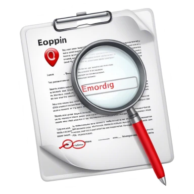 Create an emoji representing editing and proofreading. The design should feature an open document or manuscript with visible text and proofreading marks (such as red underlines or corrections). A red pen or pencil should be placed near the document, symbolizing the act of making edits. Optionally, include a magnifying glass to represent careful review. Use neutral and professional colors like white, black, and red accents to highlight the editing process. Do not include any emojis or smiley faces. Make the background transparent. sticker