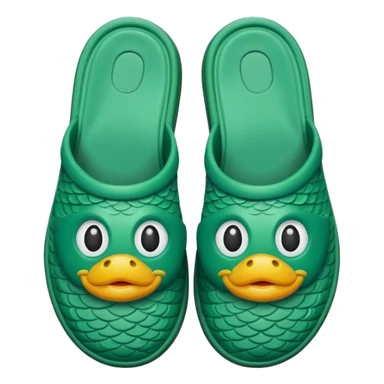 slightly green rubber pool slippers with carp eyes on the top sticker