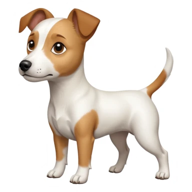 a full body white jack russel looking dog the size of a kelpie with light brown ears and a light brown patch on one eye, flopped down ears and a large snout sticker