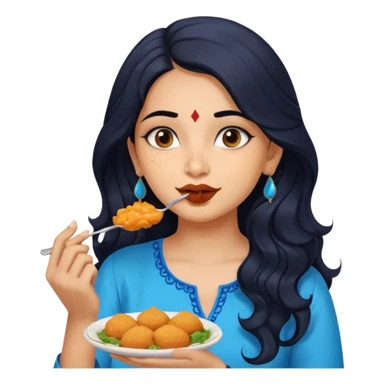 a pretty indian bratz girl with wavy long black hair. eyeliner on, wearing a blue kurti, eating vadapav sticker