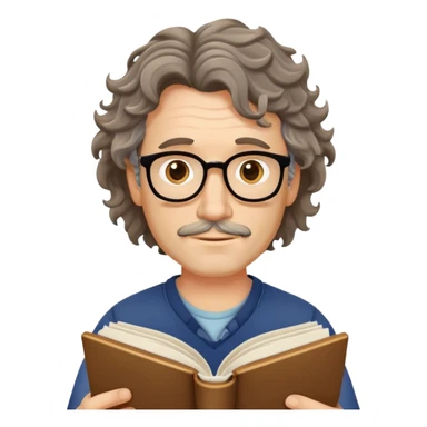 middle-aged man with unkempt wavy hair, no glasses, reading a book sticker