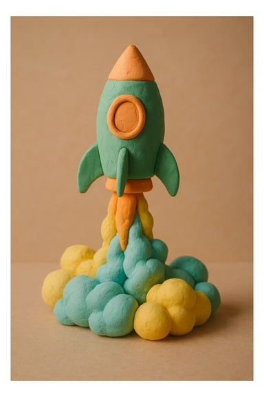 rocket ship blasting off with colorful smoke, matte finish, pastel colors, visible fingerprints, claymation style, green and orange rocket, pastel blue and yellow smoke sticker