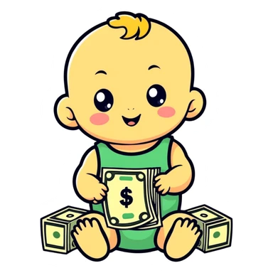 a baby with dollar signs in its eyes, cartoonish sticker style sticker