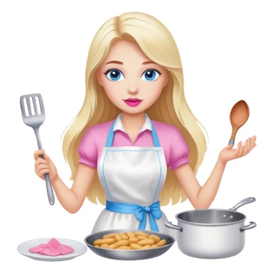 Cinematic realistic beautiful blonde with long hair, blue eyes and pink lips in a white dress cooks sticker