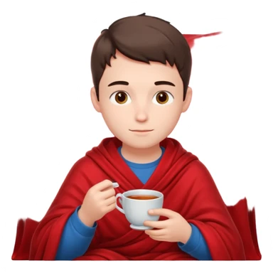 a European boy is sitting in a red blanket, drinking tea sticker