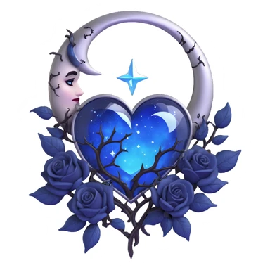 gothic heart, midnight blue glass, silver crescent moon, black roses, stardust, lightning, rain, cracked glass, neon style sticker