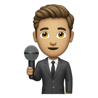 white journalist standing confidently while holding a microphone. The journalist should be in professional attire sticker