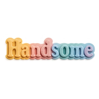 the word 'Handsome' in soft pastel rainbow colors, bold serif font, kawaii style, no outline, 3D paper-craft effect sticker