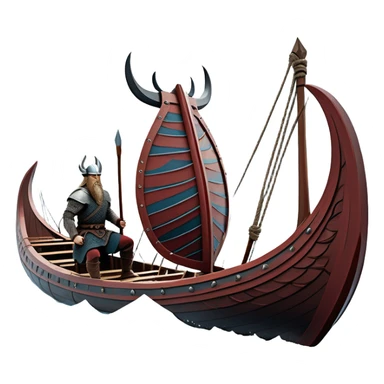 clash-of-clans-aesthetic_-cinematic-viking-longboat, rendered in a flat, bold vector style with minimal shading, featuring a striking dragon-headed prow slicing through icy, churning waters. shields on the side and vikings rowing The longboat’s intricately detailed shields and carved motifs evoke a sense of epic adventure and Nordic might, with billowing sails catching a dramatic, stormy sky backdrop. sticker