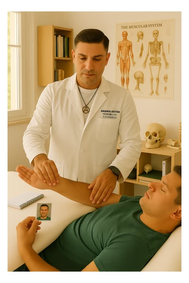 a middle-aged man, dressed in casual professional attire, is in a bright, organized therapy studio. Durante una visita di kinesiologia, il ragazzo tiene con una mano la foto di una persona lontana (il “testimone”) tiene la foto in mano, mentre con l’altra mano esegue un test muscolare su un cliente presente senza foto lui non tiene la foto. Sullo sfondo si vedono libri di kinesiologia, poster anatomici e strumenti tipici della disciplina. L’atmosfera è concentrata e serena, con luce naturale che entra dalla finestra, sottolineando l’aspetto alternativo e umano della pratica. sticker