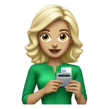 blonde woman dressed in a chic green look with a credit card machine in her hand sticker
