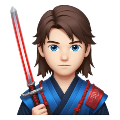 A 14 year old with red glowing katana and his hair be long and eye colour of blue make it boy  sticker