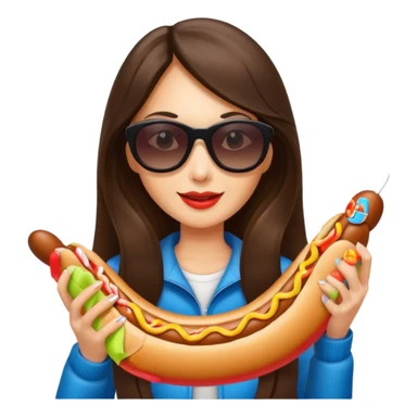 tourist brunette long hair woman with sunglasses holding hot dog sticker