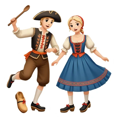 Cinematic Realistic scene of two performers executing the Klompendans, dressed in traditional Dutch costumes complete with wooden clogs and detailed folk patterns, captured in lively motion with soft, natural lighting sticker