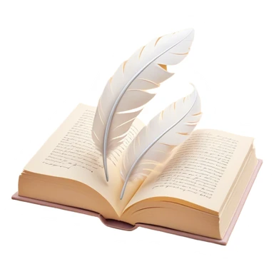 Create a delicate and poetic emoji representing poetry. The design should feature several elegantly flying pages with short poetic columns written on them. The pages should appear light and flowing, almost as if being carried by the wind. Include a white feather gently resting on the pages, symbolizing creativity and inspiration. Use soft, pastel tones like light creams to give it a dreamy, artistic feel. The design should feel ethereal and whimsical, capturing the essence of poetry. Make the background transparent. sticker