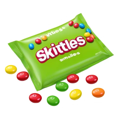 A pile of green Skittles candies next to a colorful Skittles package. Simple minimalist design. sticker
