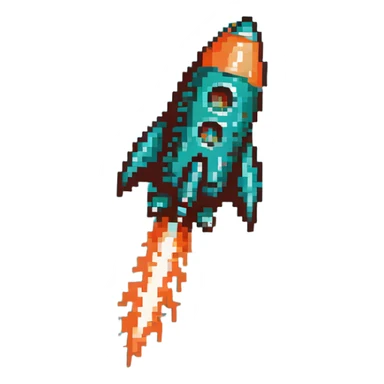 robotic teal spaceship launching to the right with rocket flames sticker