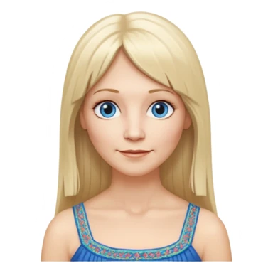 50 yr old white woman, hippie parted very long hair, short bangs, very long straight blond hair, oval face, small smile, blue eyes, thin face, hair downback, hair parted at center of head, round cheeks, pale, longer hair, white evening dress sticker