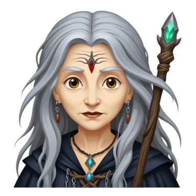Baba Yaga sorceress woman with long wild hair, forest background sticker