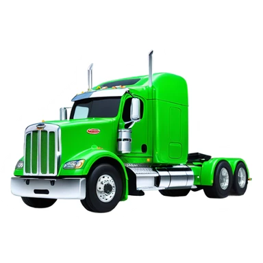 neon green peterbilt semi truck lowered on the ground with large chrome wheels and chrome smoke stacks profile view sticker